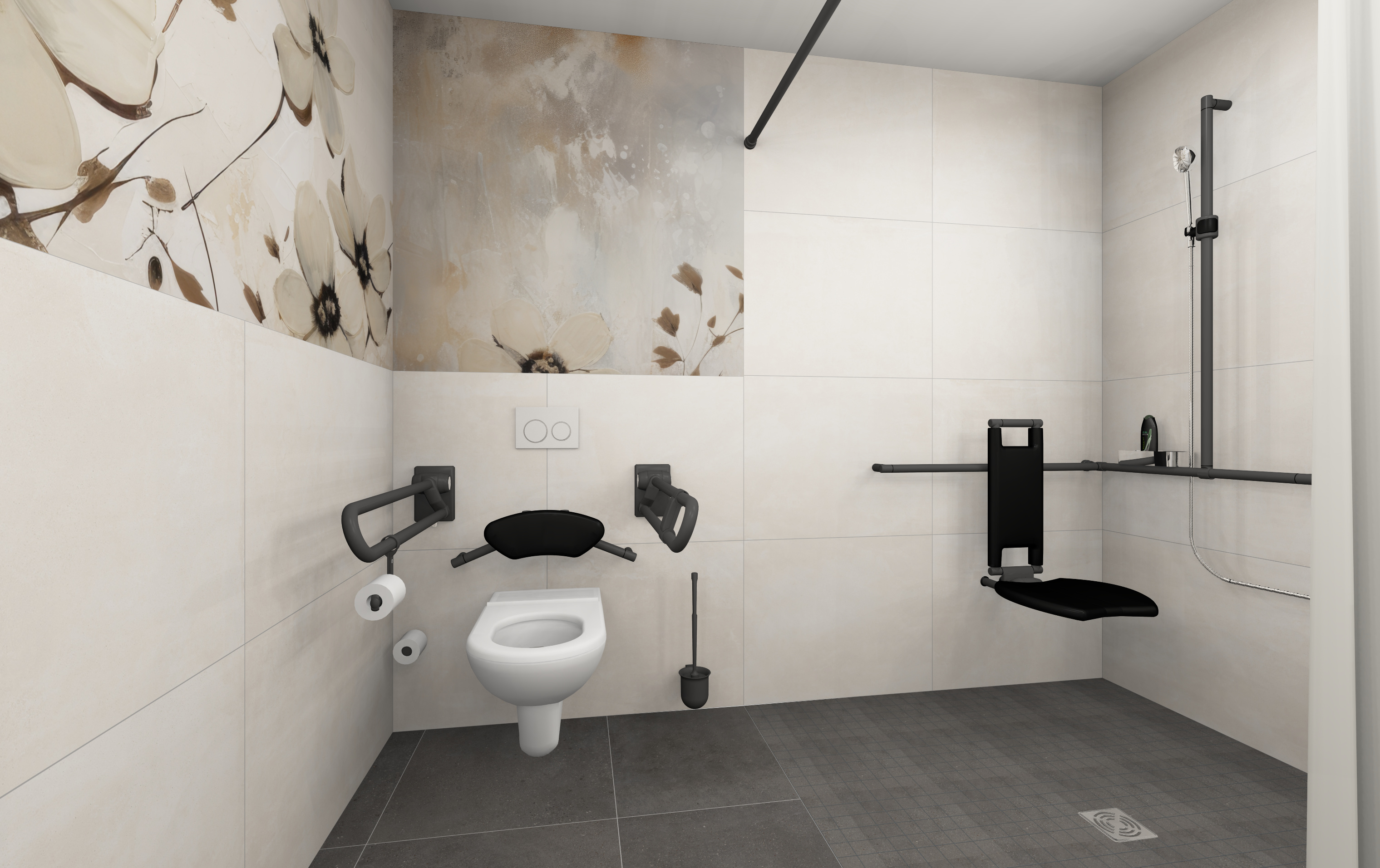 Ausstattungsbeispiel für ein rollstuhlgerechtes WC im Bewohnerbereich mit Stützklappgriff und Funksteuerung