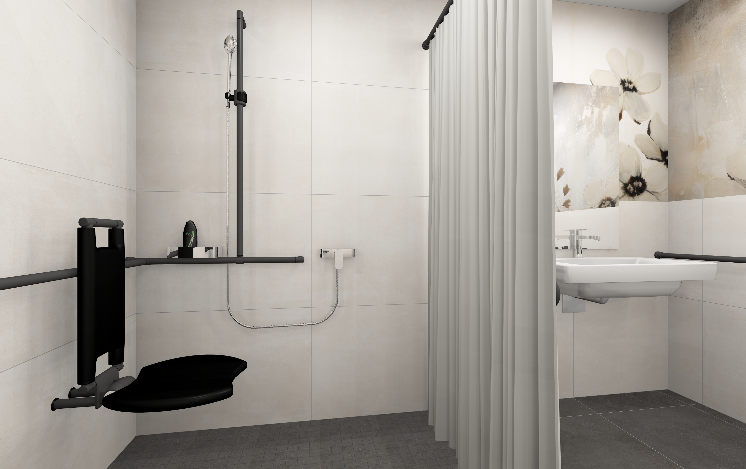 Ausstattungsbeispiel für einen rollstuhlgerechten Duschbereich im Bewohnerbereich mit Duschhandlauf und Duscheinhängesitz