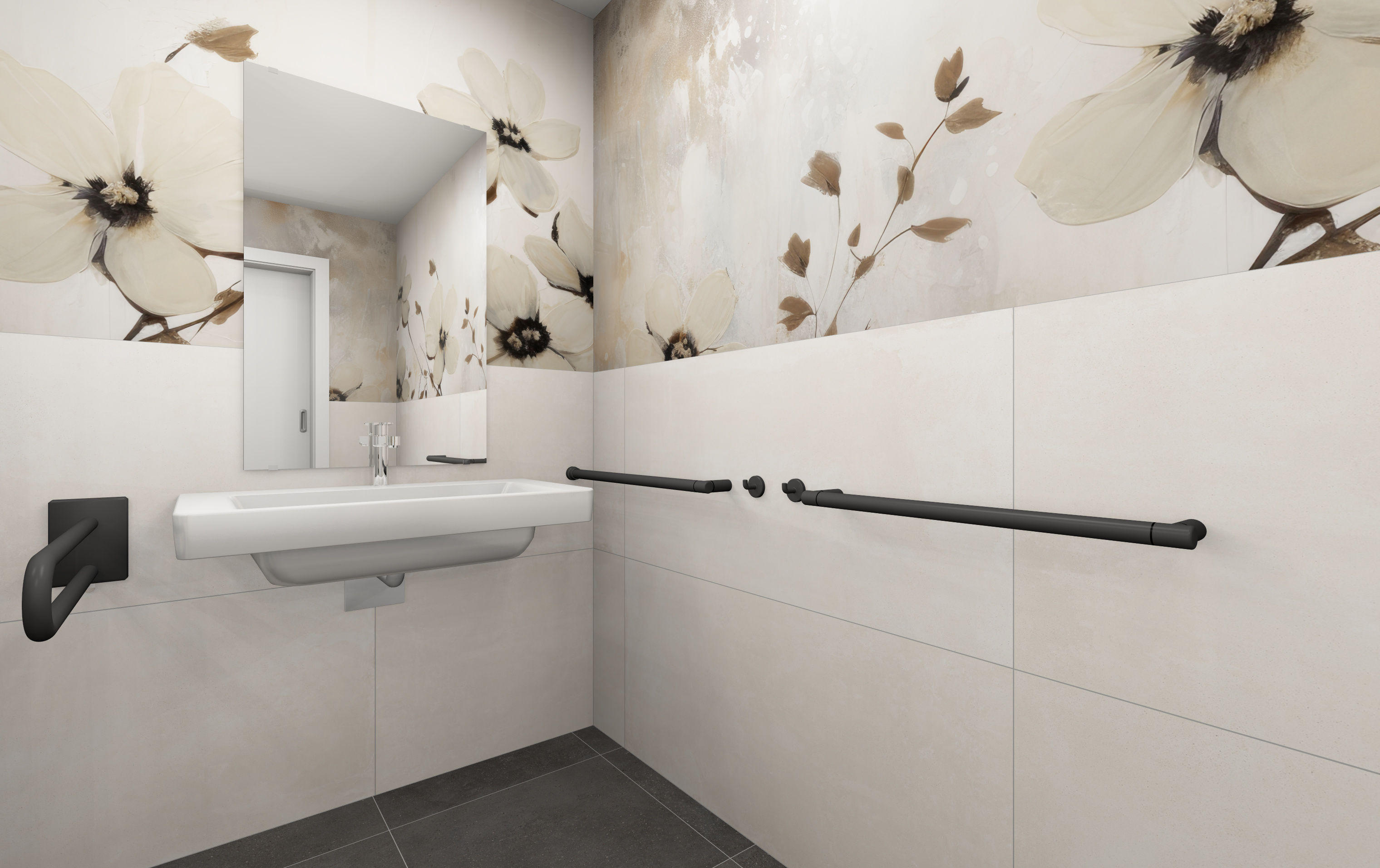 Ausstattungsbeispiel für einen rollstuhlgerechten Waschtisch im Bewohnerbereich mit Stütz- und Haltegriff