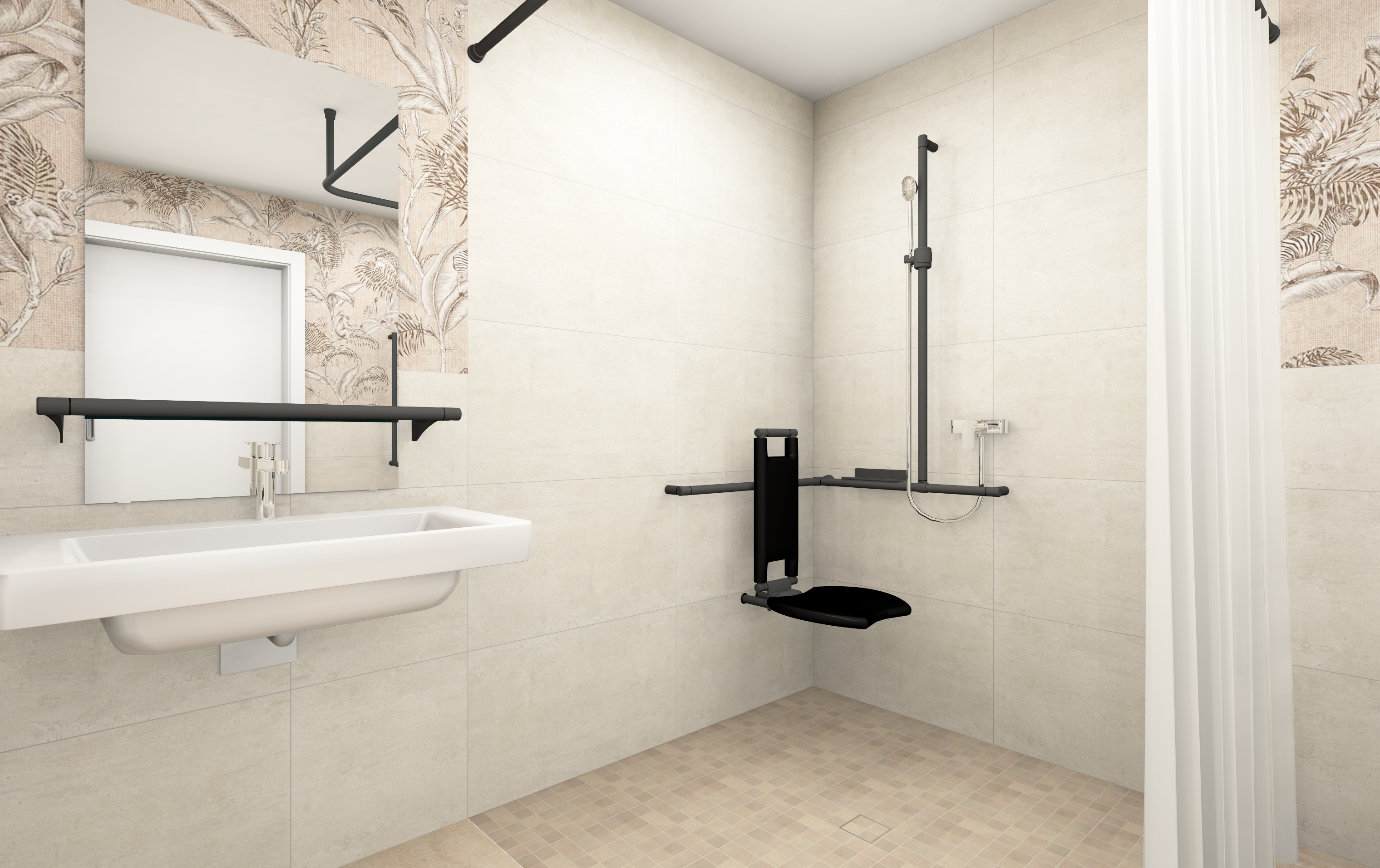 Ausstattungsbeispiel für einen barrierefreien Duschbereich mit Stütz- und Winkelgriff