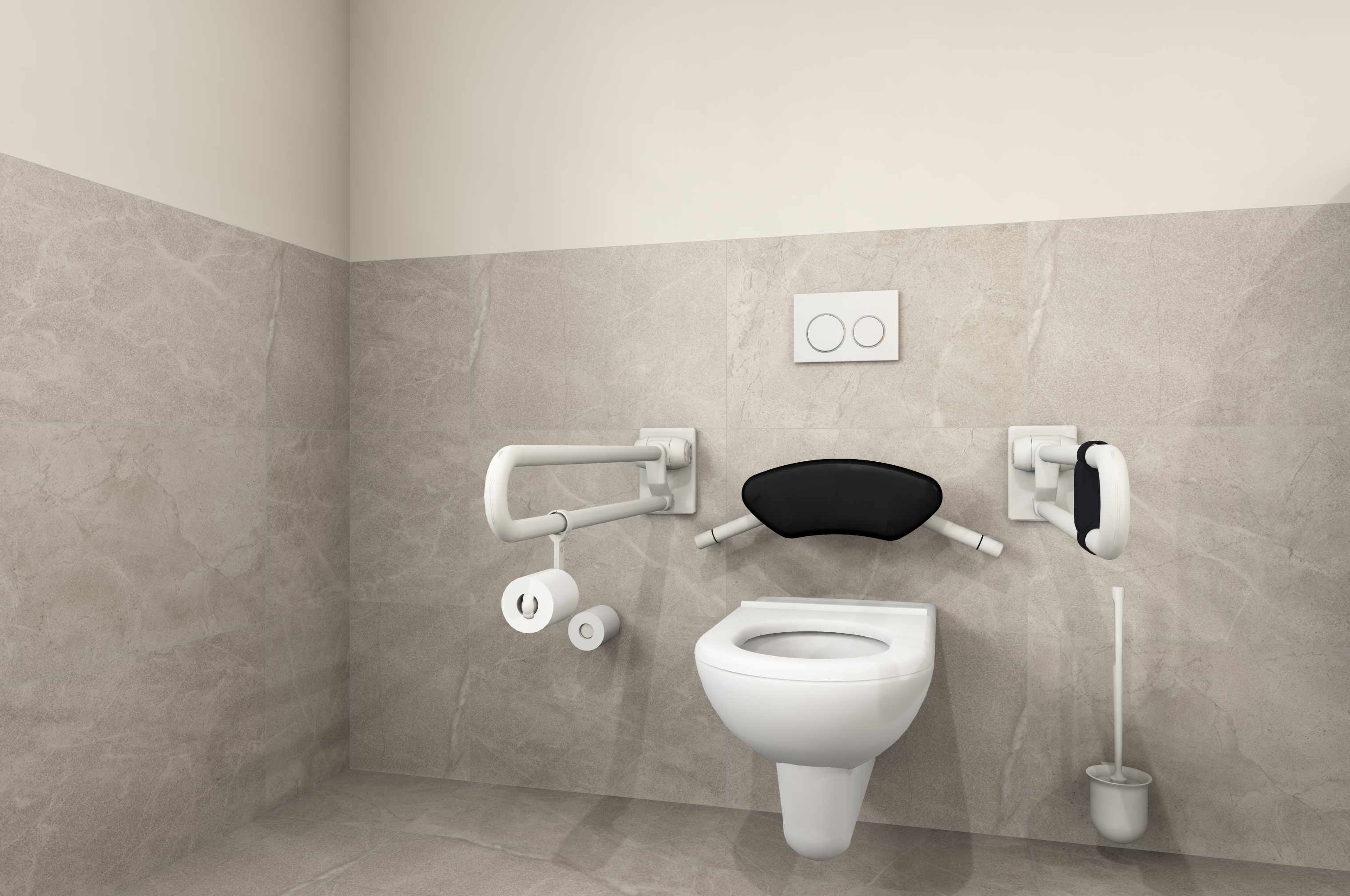 Ausstattungsbeispiel für ein Pflegebad-WC mit Stützklapp- und Haltegriff