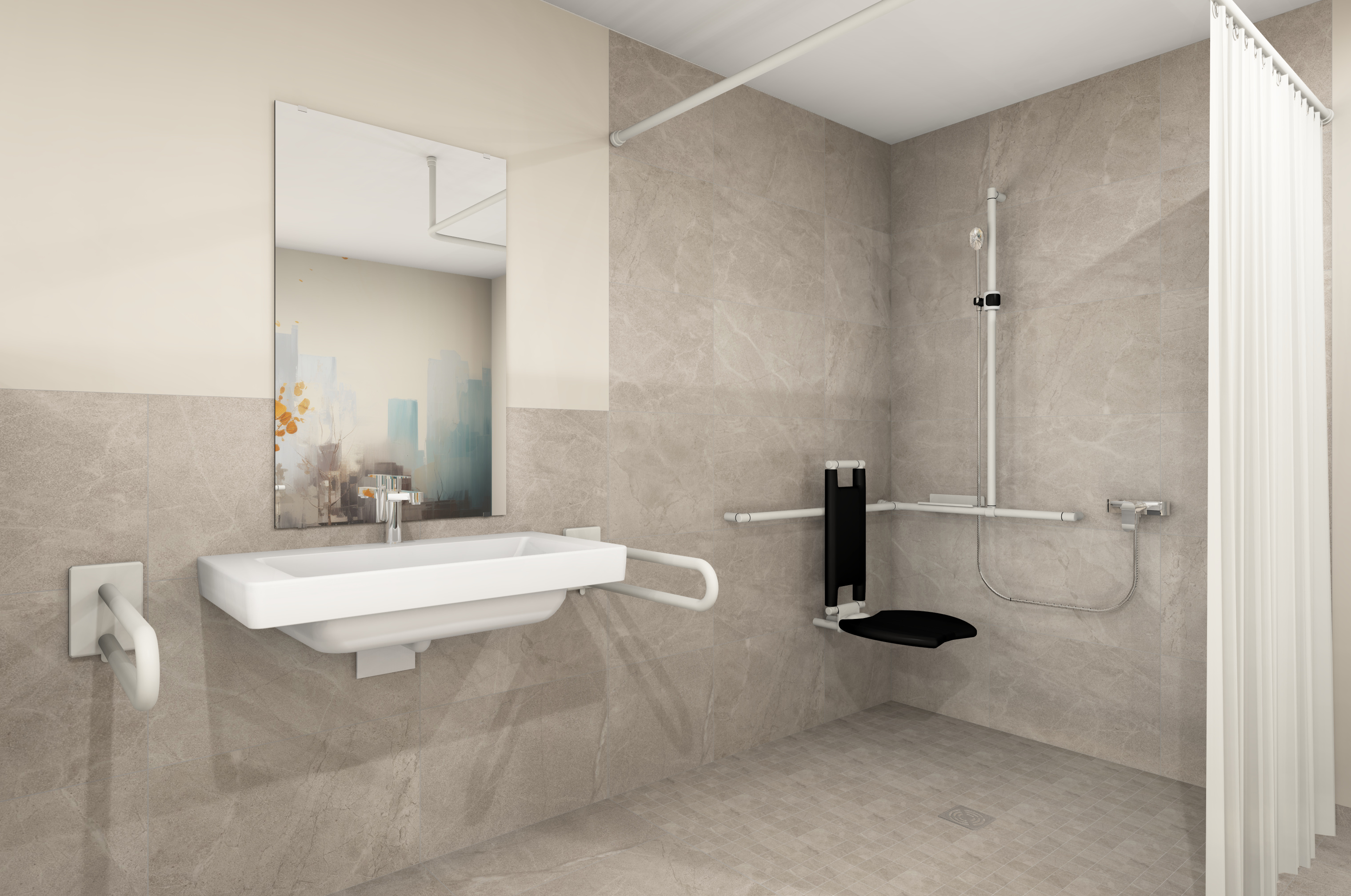 Ausstattungsbeispiel für ein Pflegebad Duschbereich mit Duschhandlauf und Duscheinhängesitz