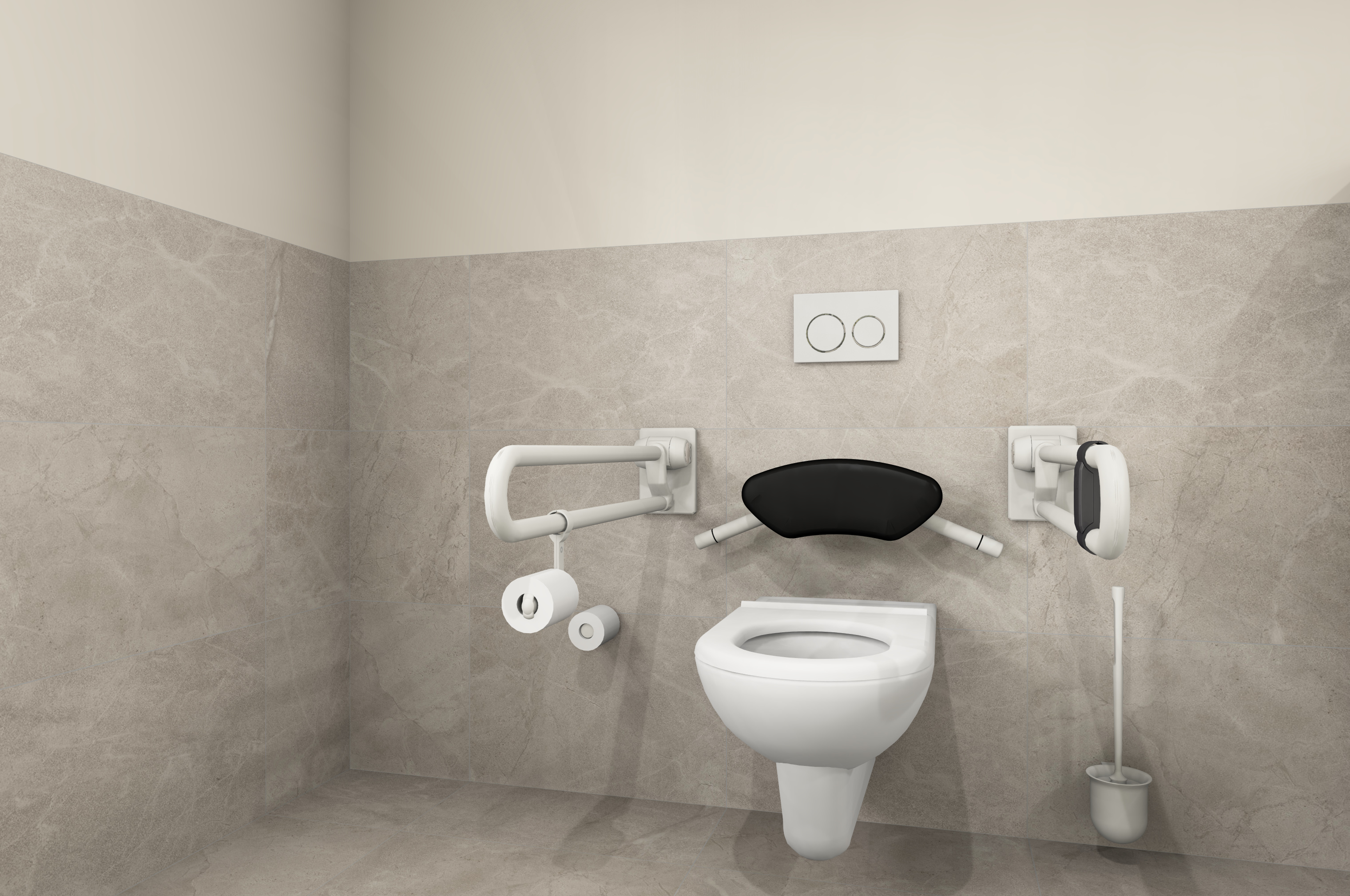 Ausstattungsbeispiel für ein Pflegebad-WC mit Stützklapp- und Haltegriff